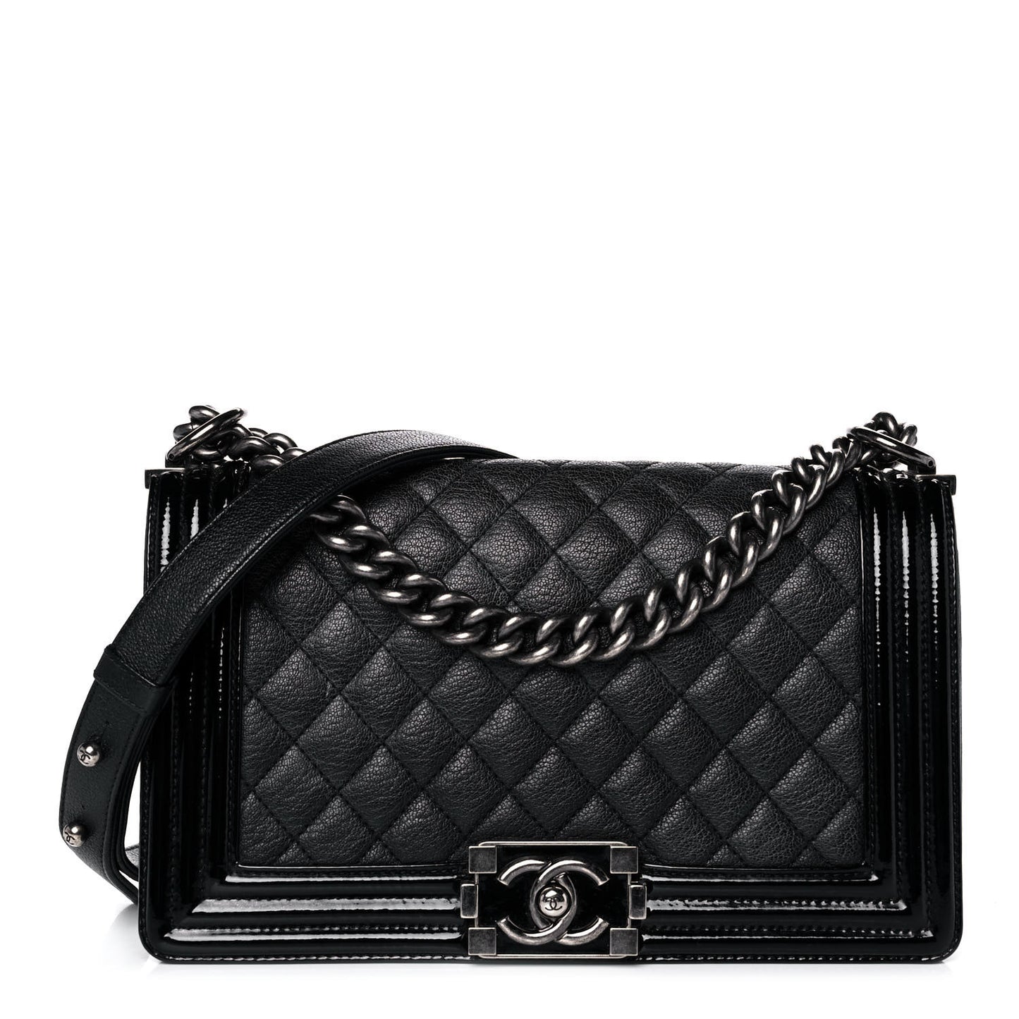 Goatskin Quilted Patent Medium Duo Boy Flap Black
