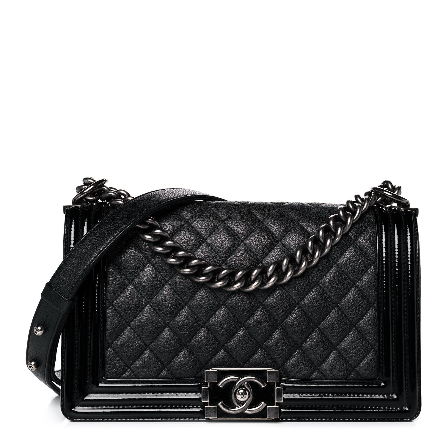 Chanel Goatskin Quilted Patent Medium Duo Boy Flap Black 1 of 15