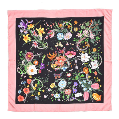 Gucci Silk Twill Flora Snake Square Scarf Black Pink 1 of 3