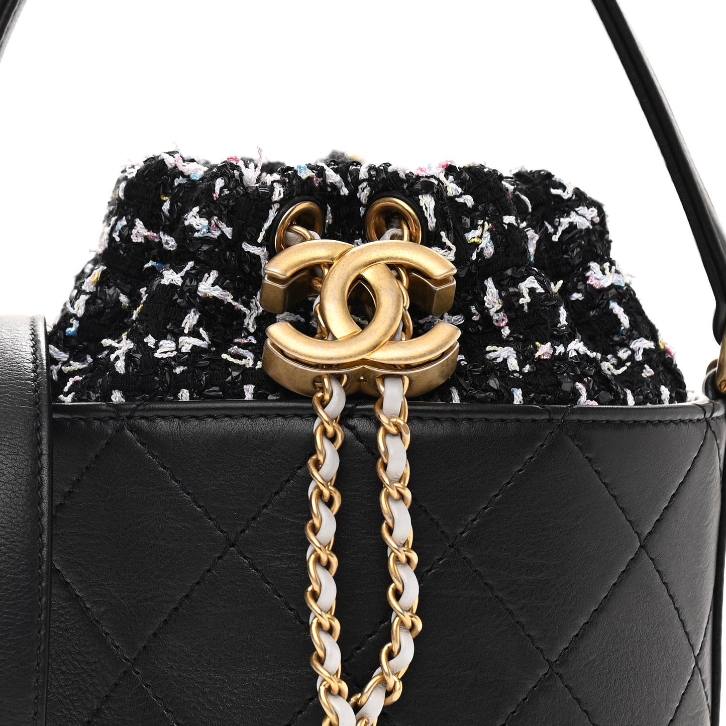 Calfskin Tweed Small CC Chain Bucket Drawstring Bag Black Multicolor