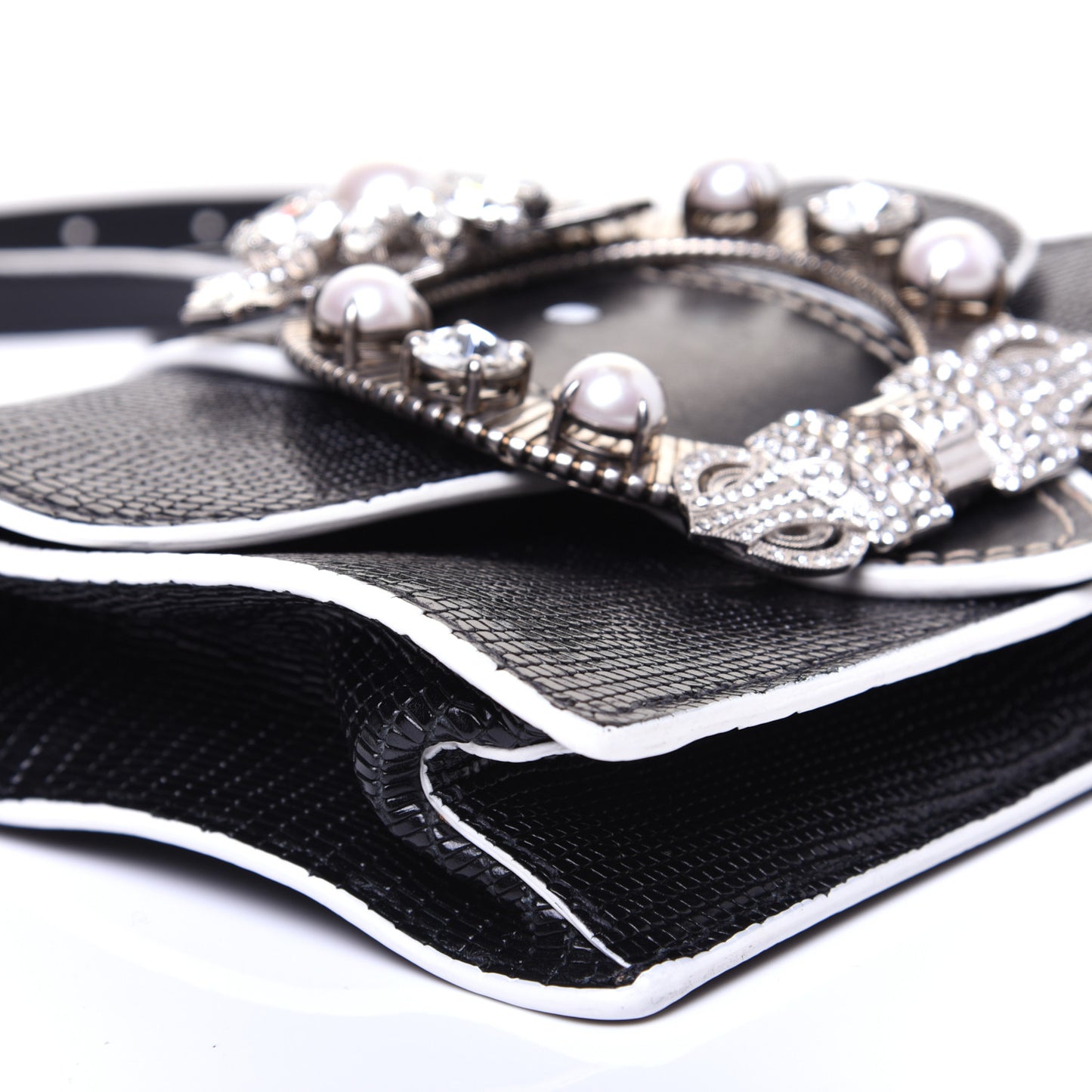 Embossed Lizard Calfskin Crystal Embellished Saint Lucertola Shoulder Bag Black