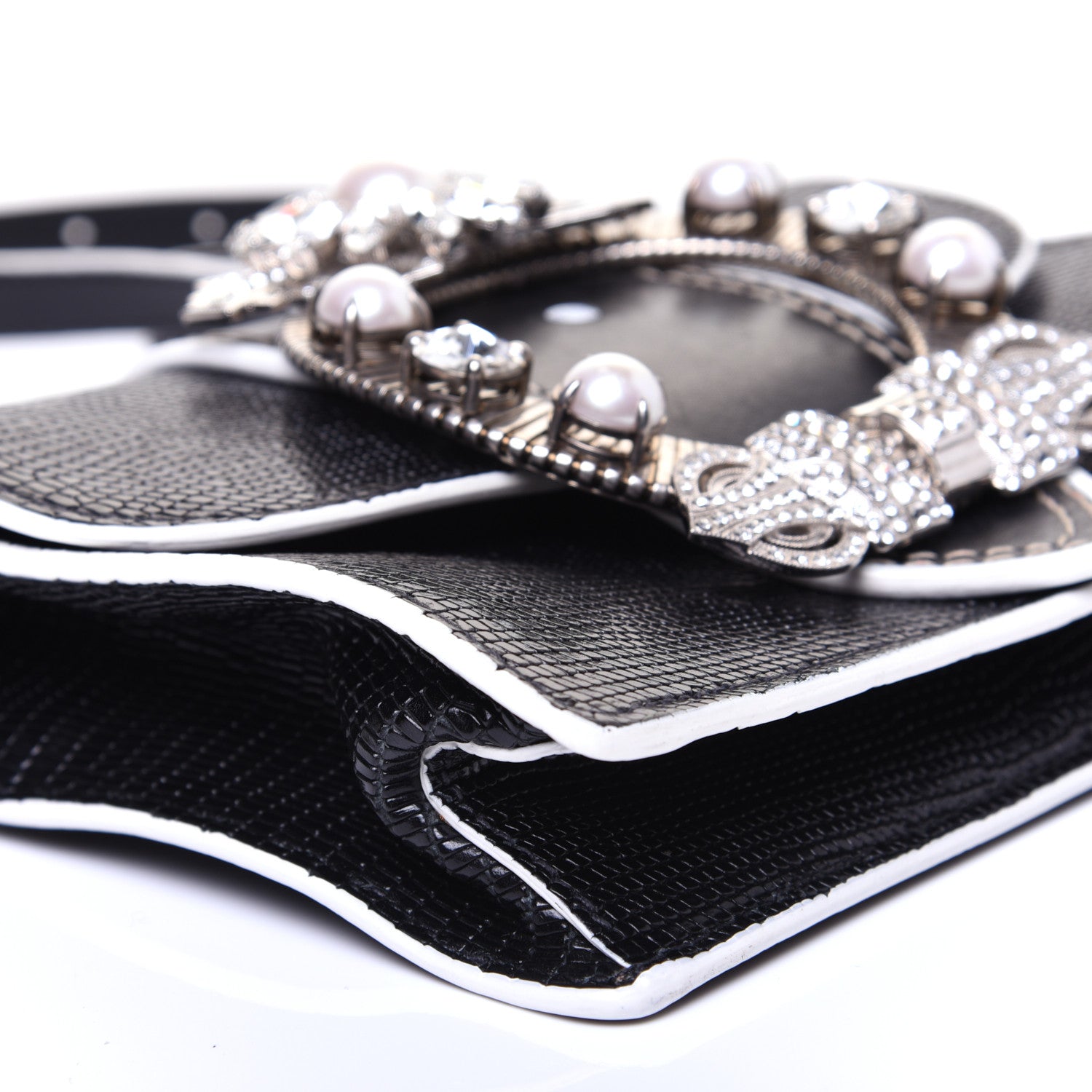 Miu Miu Embossed Lizard Calfskin Crystal Embellished Saint Lucertola Shoulder Bag Black 6 of 14