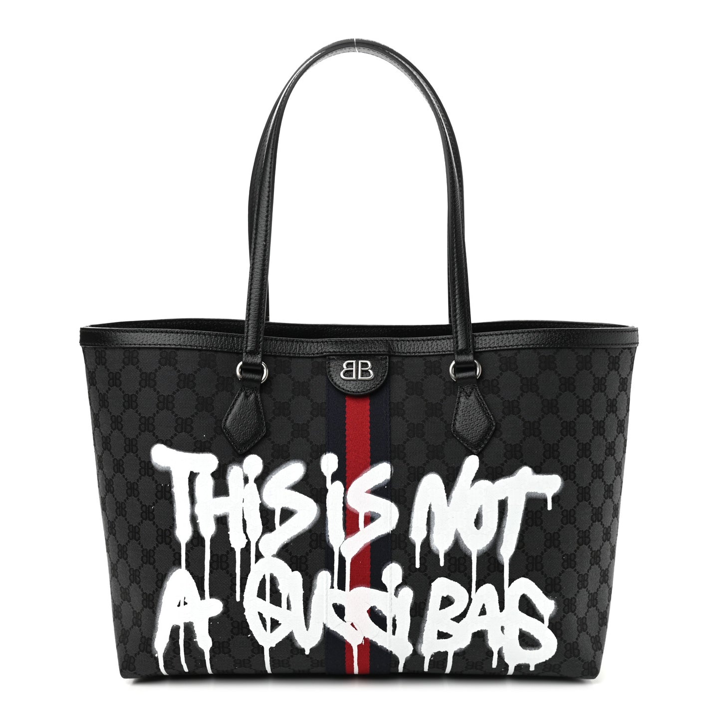 X BALENCIAGA BB Monogram Web Graffiti Medium Ophidia Shopping Tote Black
