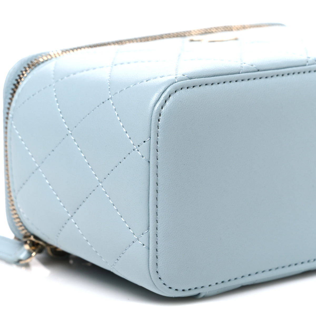 Lambskin Quilted Small Top Handle Vanity Case With Chain Light Blue