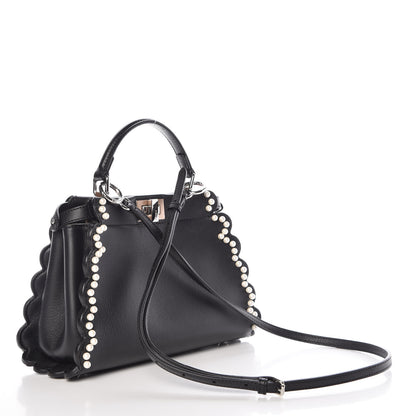 Fendi Calfskin Flowers and Bows Scalloped Mini Peekaboo Iconic Satchel Black Camelia 3 of 11