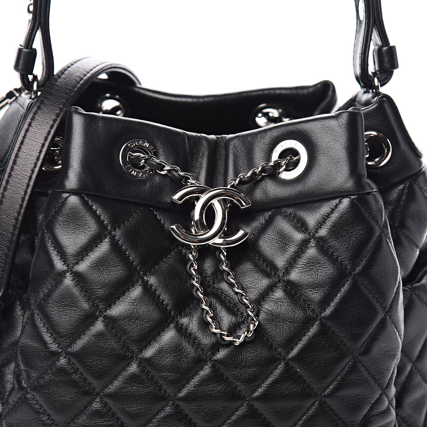 Lambskin Quilted CC Chain Drawstring Tote Black