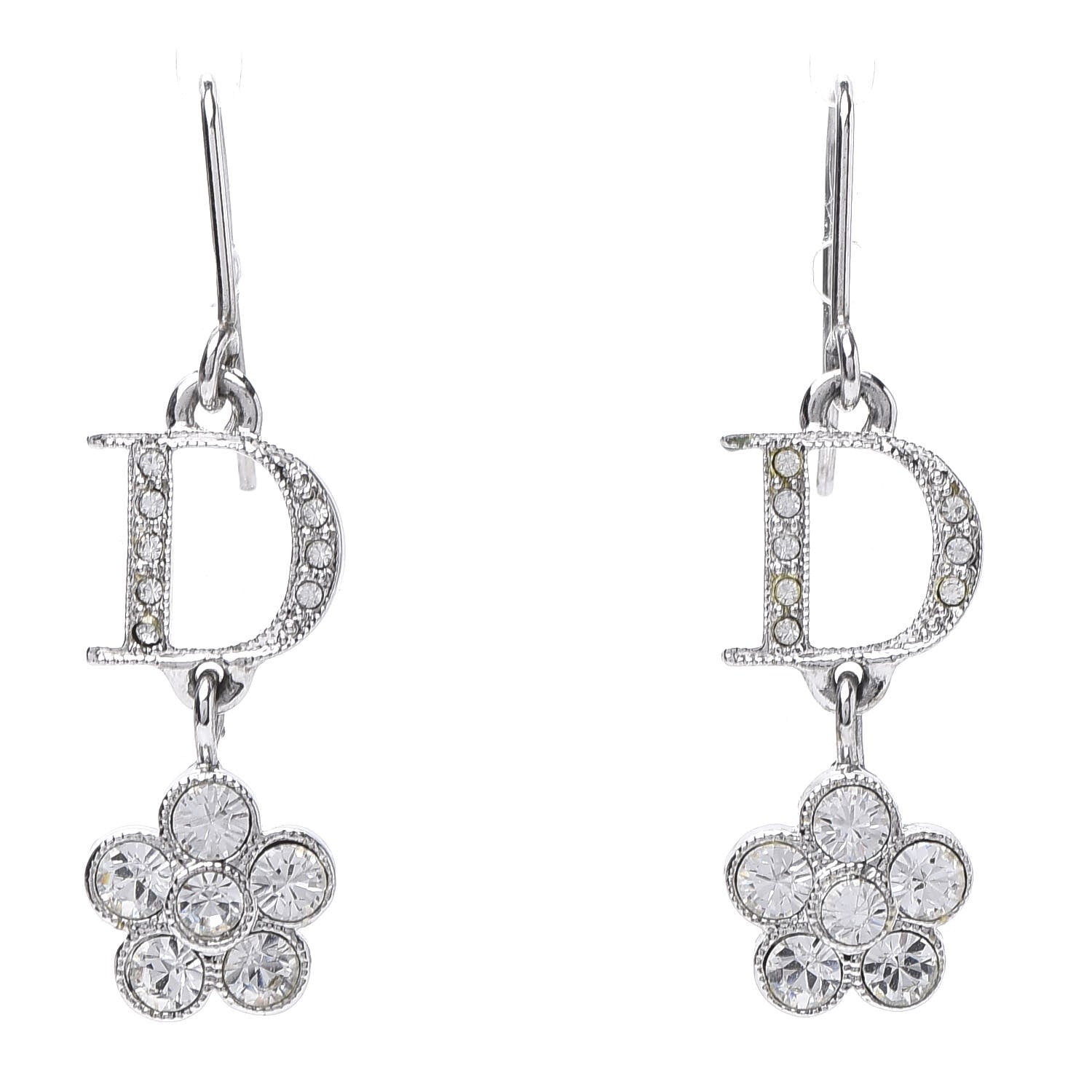 Christian Dior Crystal Flower Dangle Earrings Silver 1 of 4