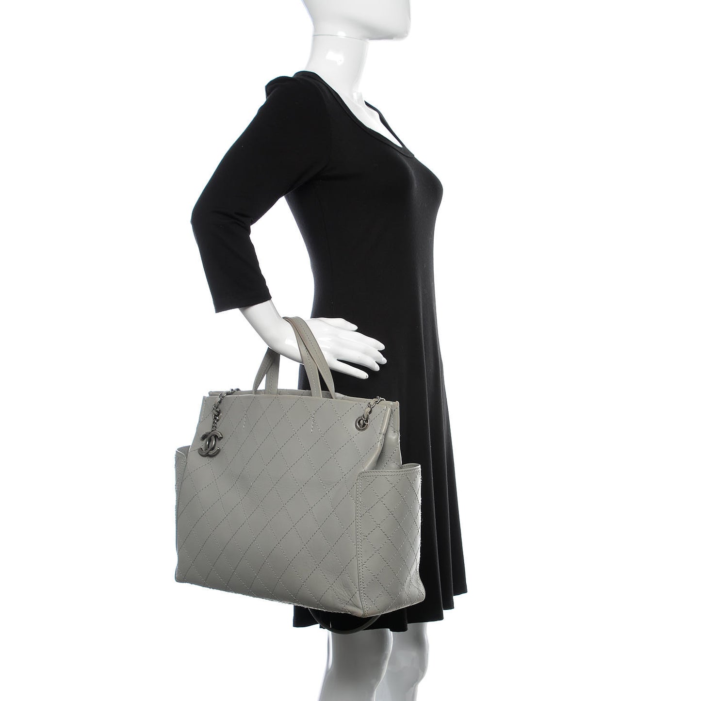Calfskin Stitched Medium Shopping Tote Grey