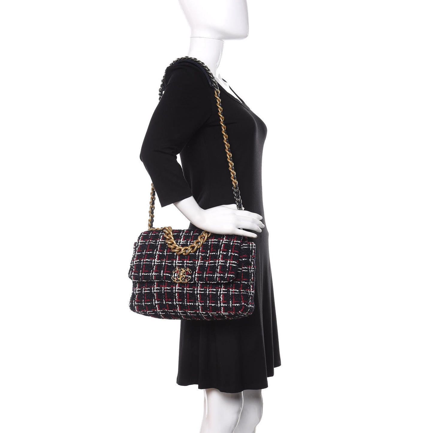 Tweed Quilted Large Chanel 19 Flap Navy Blue White Red