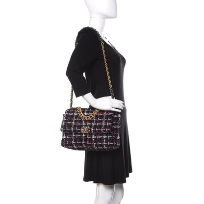 Chanel Tweed Quilted Large Chanel 19 Flap Navy Blue White Red 2 of 10