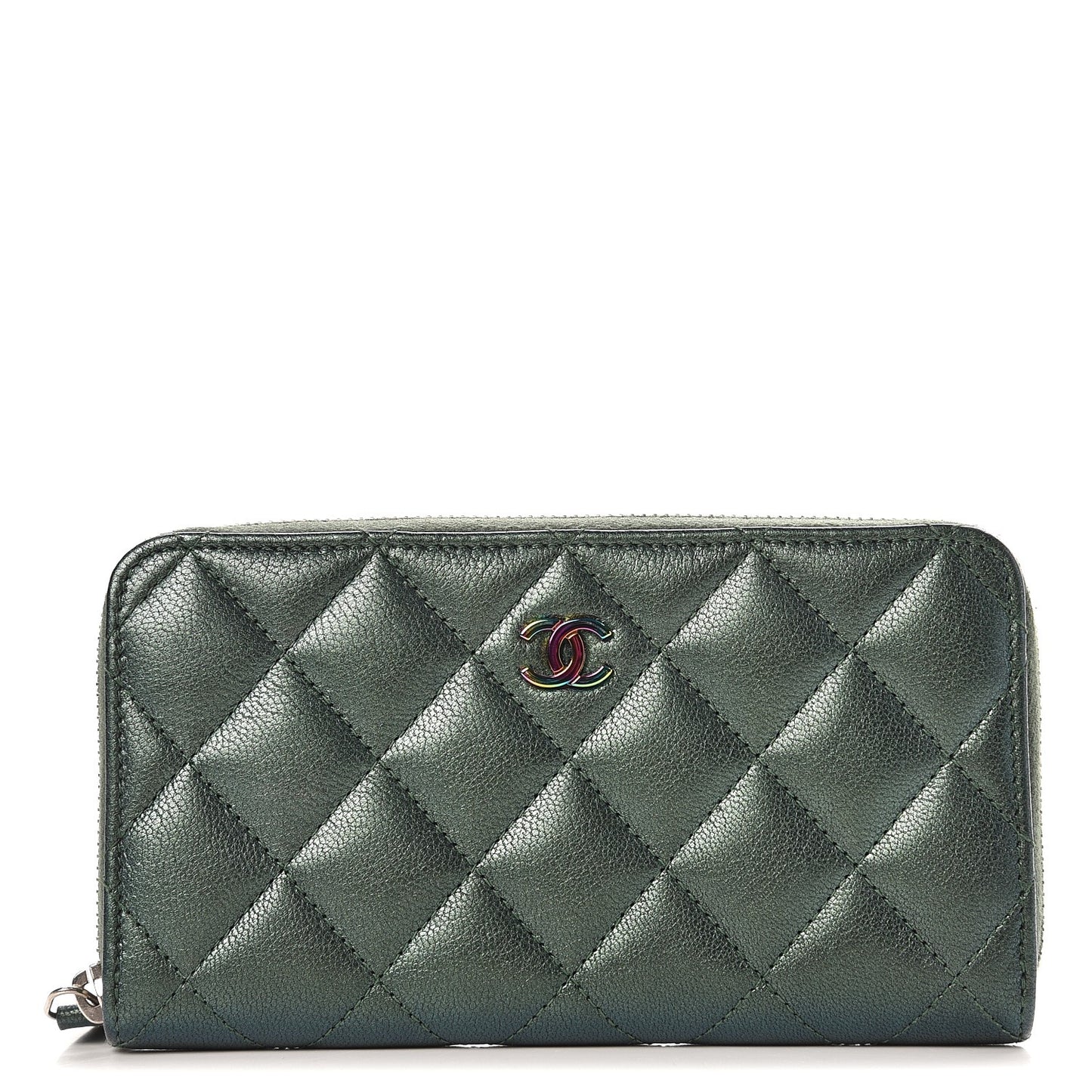 Iridescent Goatskin Quilted Small Zip Around Wallet Green