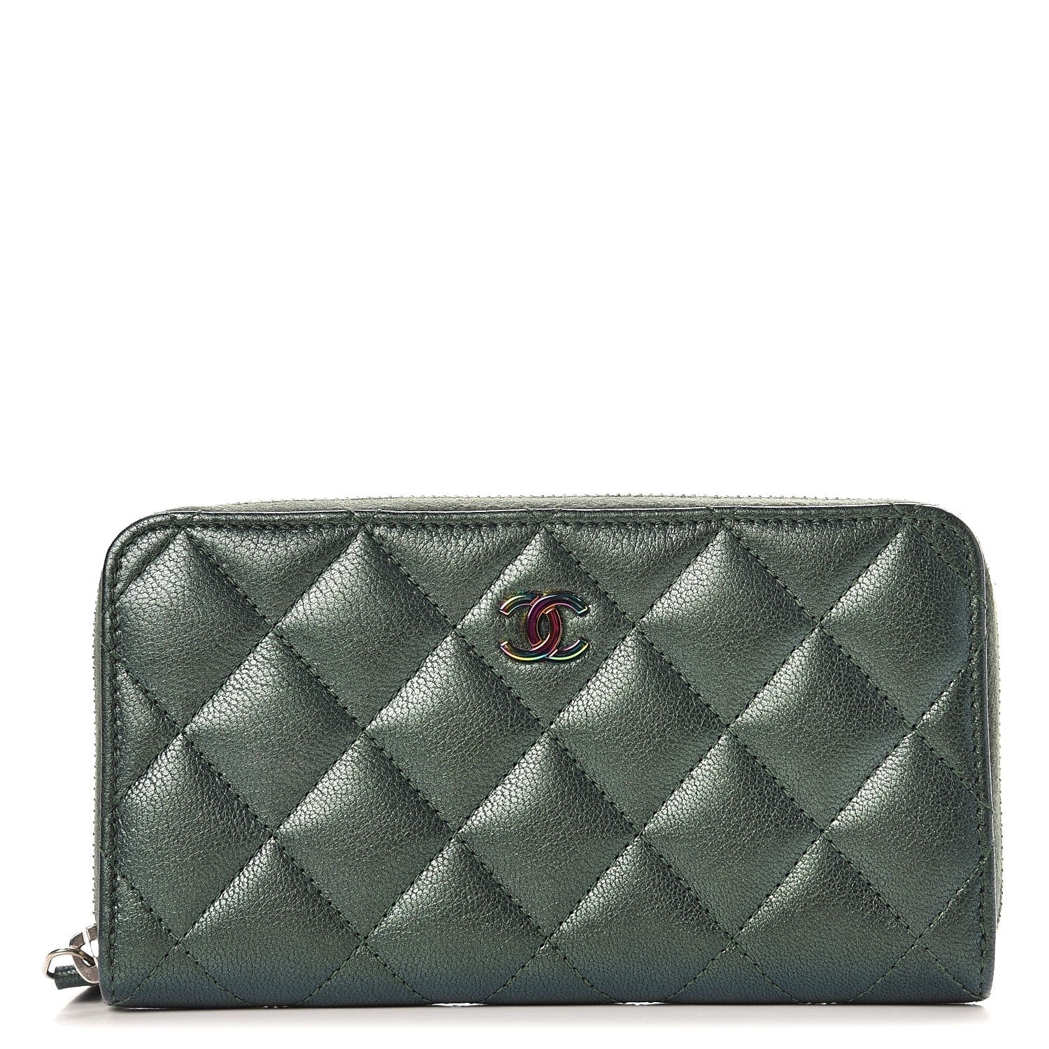 Chanel Iridescent Goatskin Quilted Small Zip Around Wallet Green 1 of 9