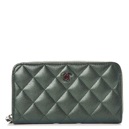 Chanel Iridescent Goatskin Quilted Small Zip Around Wallet Green 1 of 9