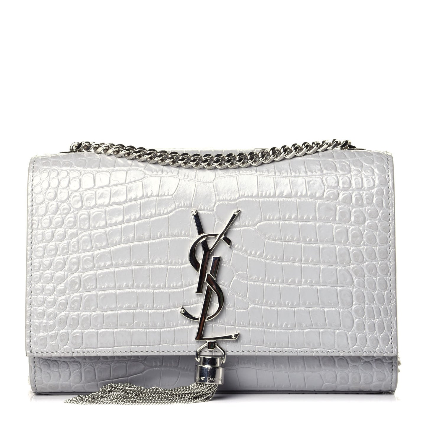 Croc Calfskin Embossed Small Classic Monogram Kate Tassel Satchel Mouse Grey