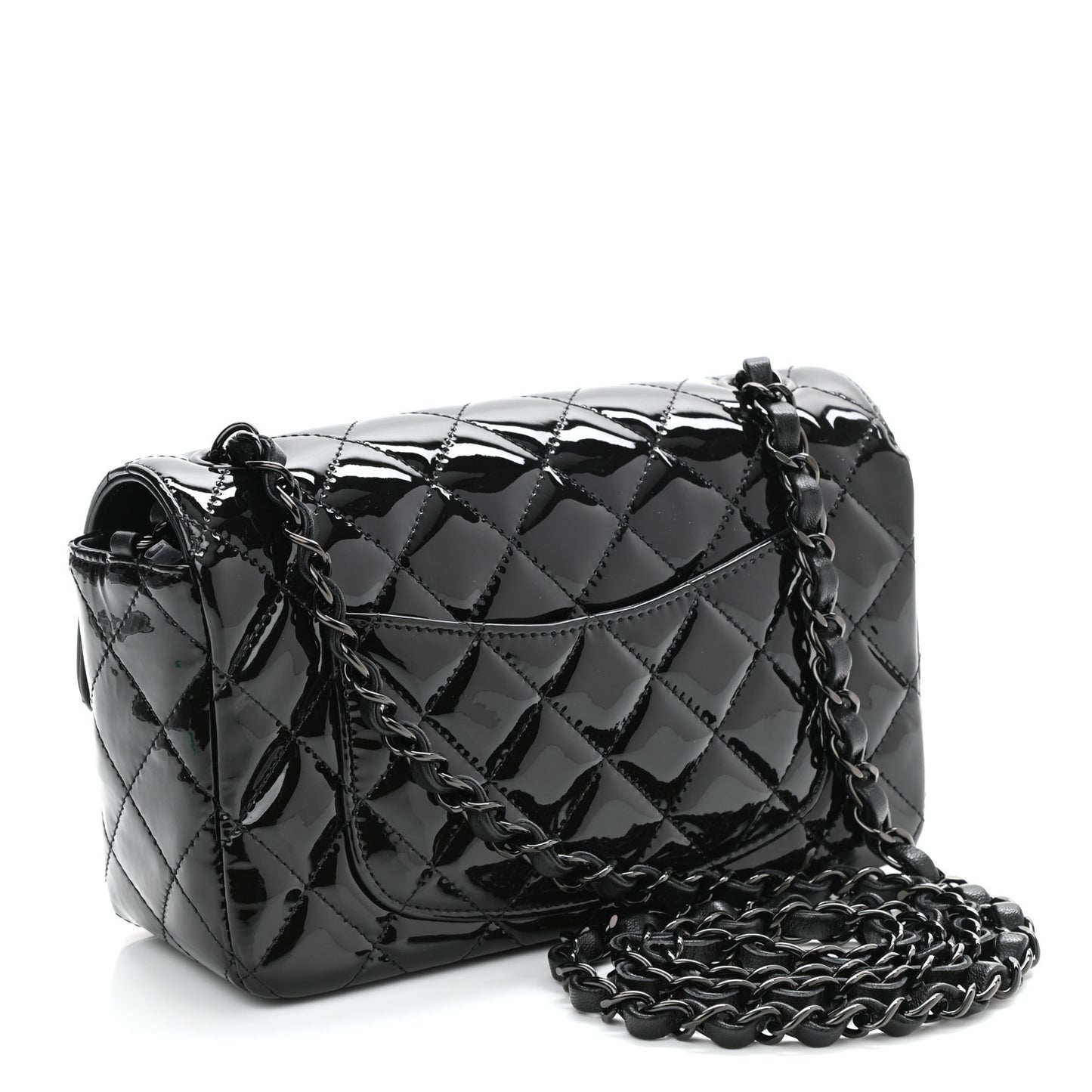 Patent Calfskin Quilted Mini Rectangular Flap So Black