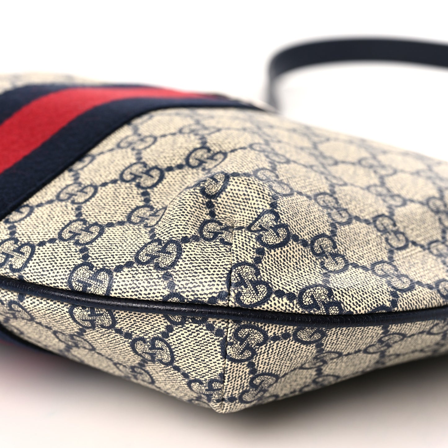 GG Supreme Monogram Textured Dollar Calfskin Web Small Ophidia Half Moon Hobo Beige Blue