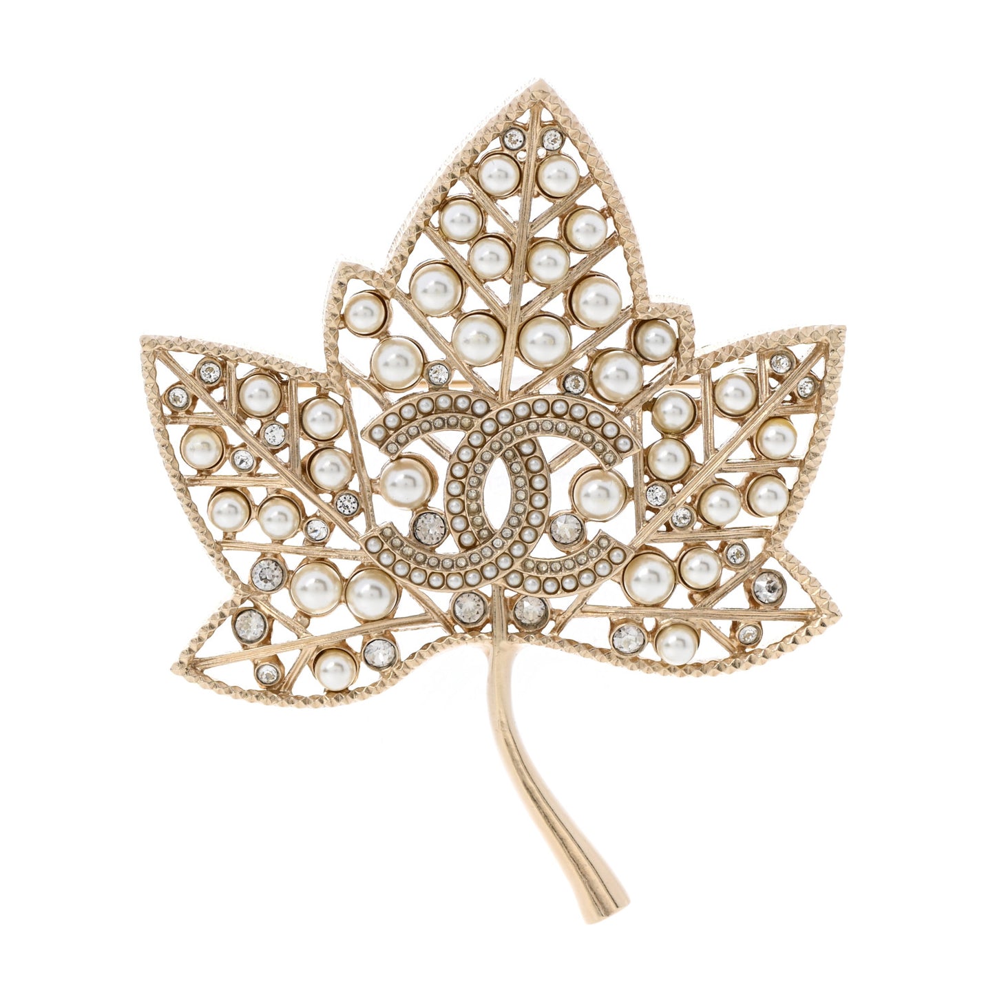 Pearl Crystal CC Leaf Brooch Gold