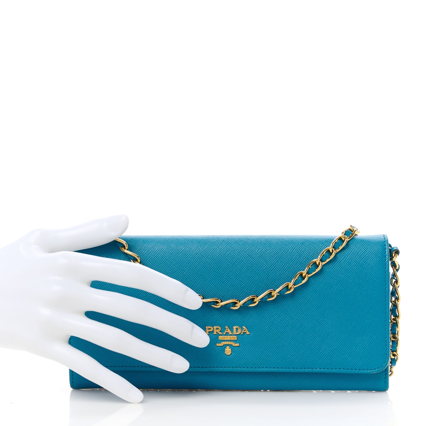 Saffiano Metal Oro Chain Wallet Celeste