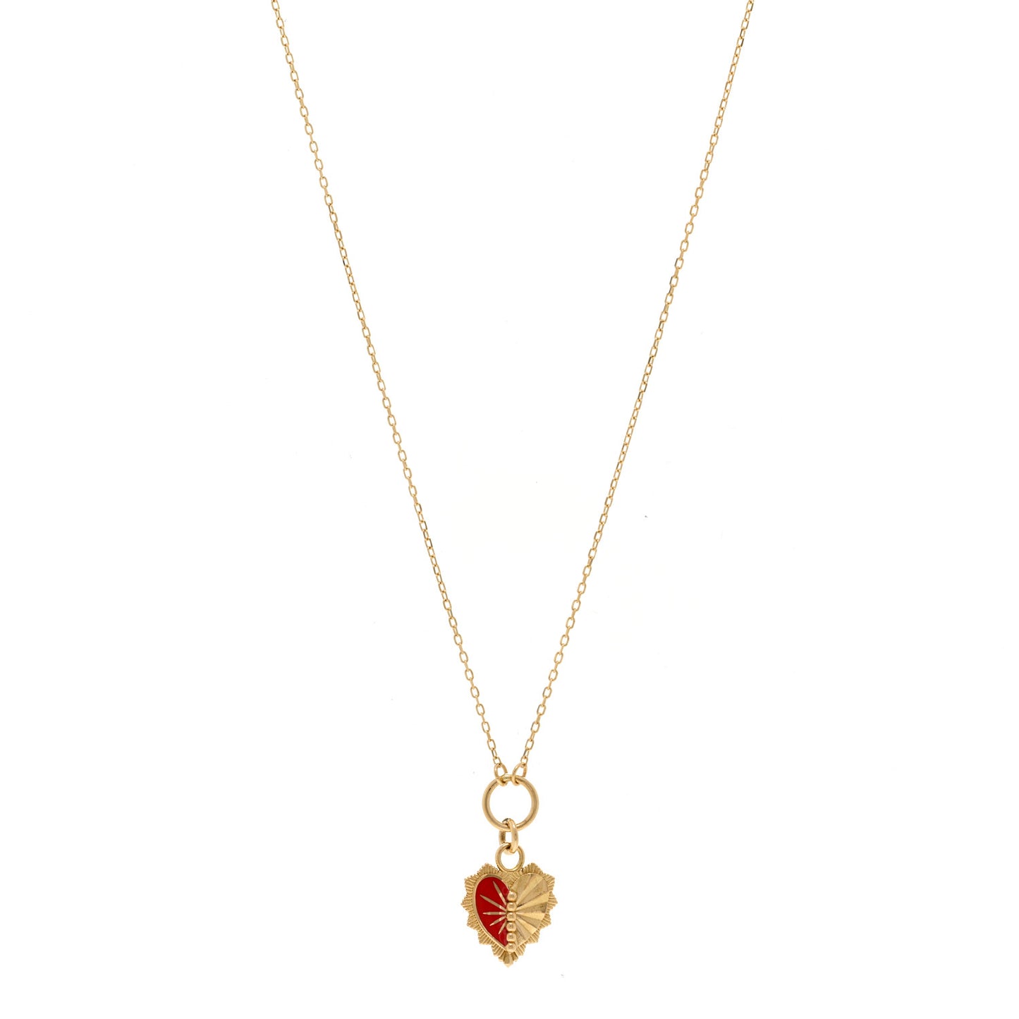 18K Yellow Gold Enamel Reflection Heart Love Token Drop Necklace