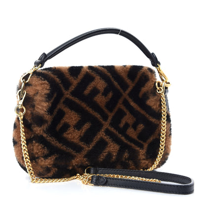 Fendi Shearling Vitello Dolce Macro FF 1974 Mini Baguette Tobacco Black 3 of 9