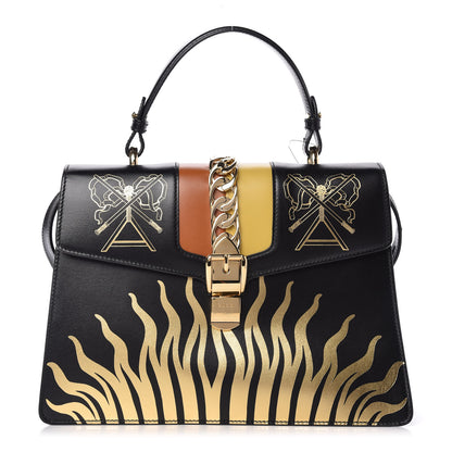Gucci Calfskin Gold Sun Medium Sylvie Top Handle Bag Black 1 of 9