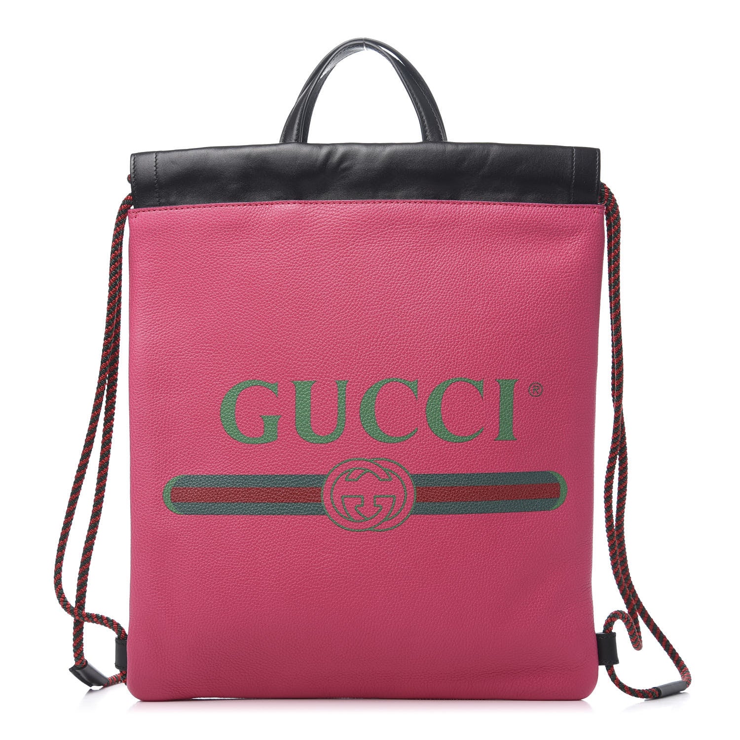Gucci Grained Calfskin Logo Drawstring Backpack Box Pink Green Black 2 of 10
