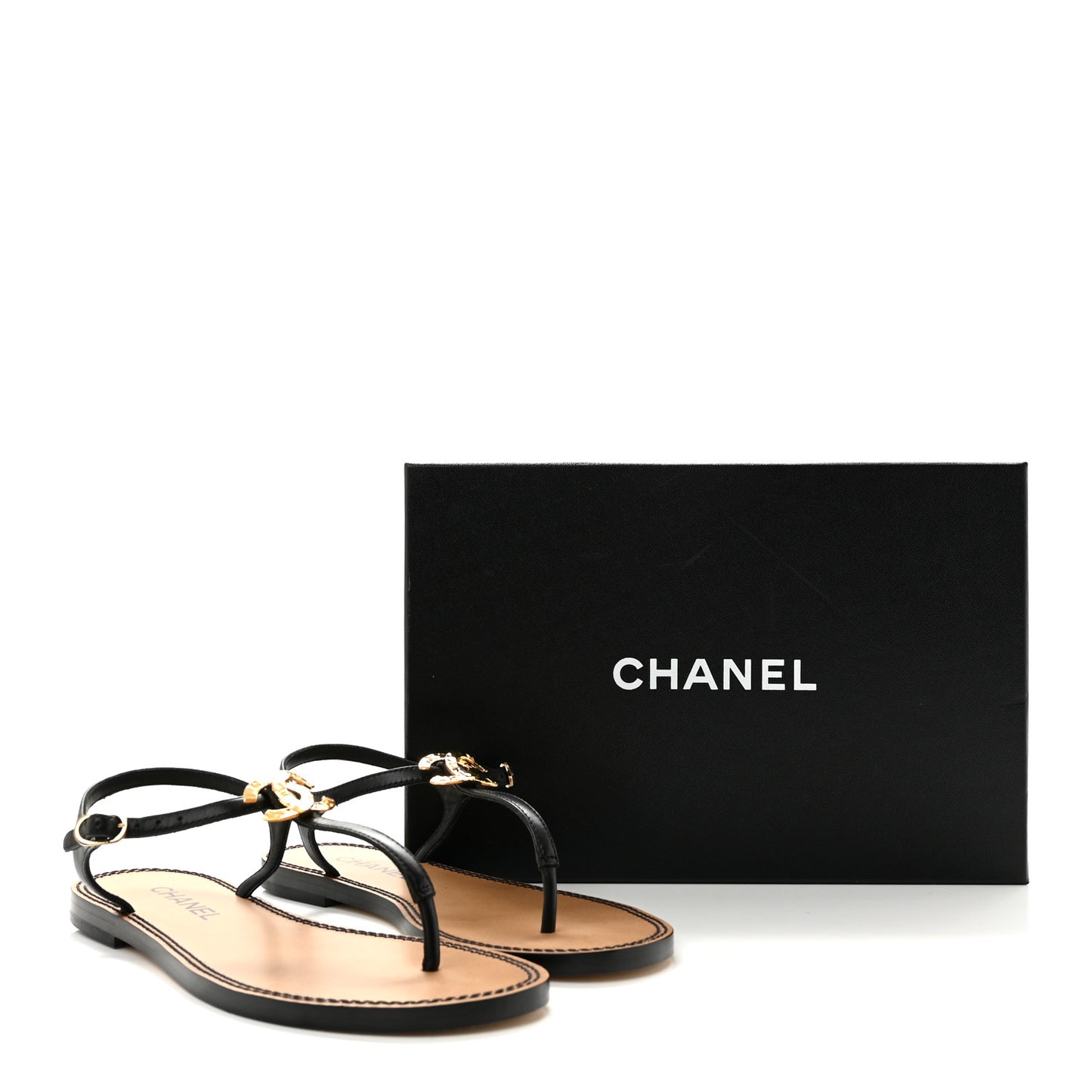 Lambskin CC Thong Sandals 38.5 Black Gold