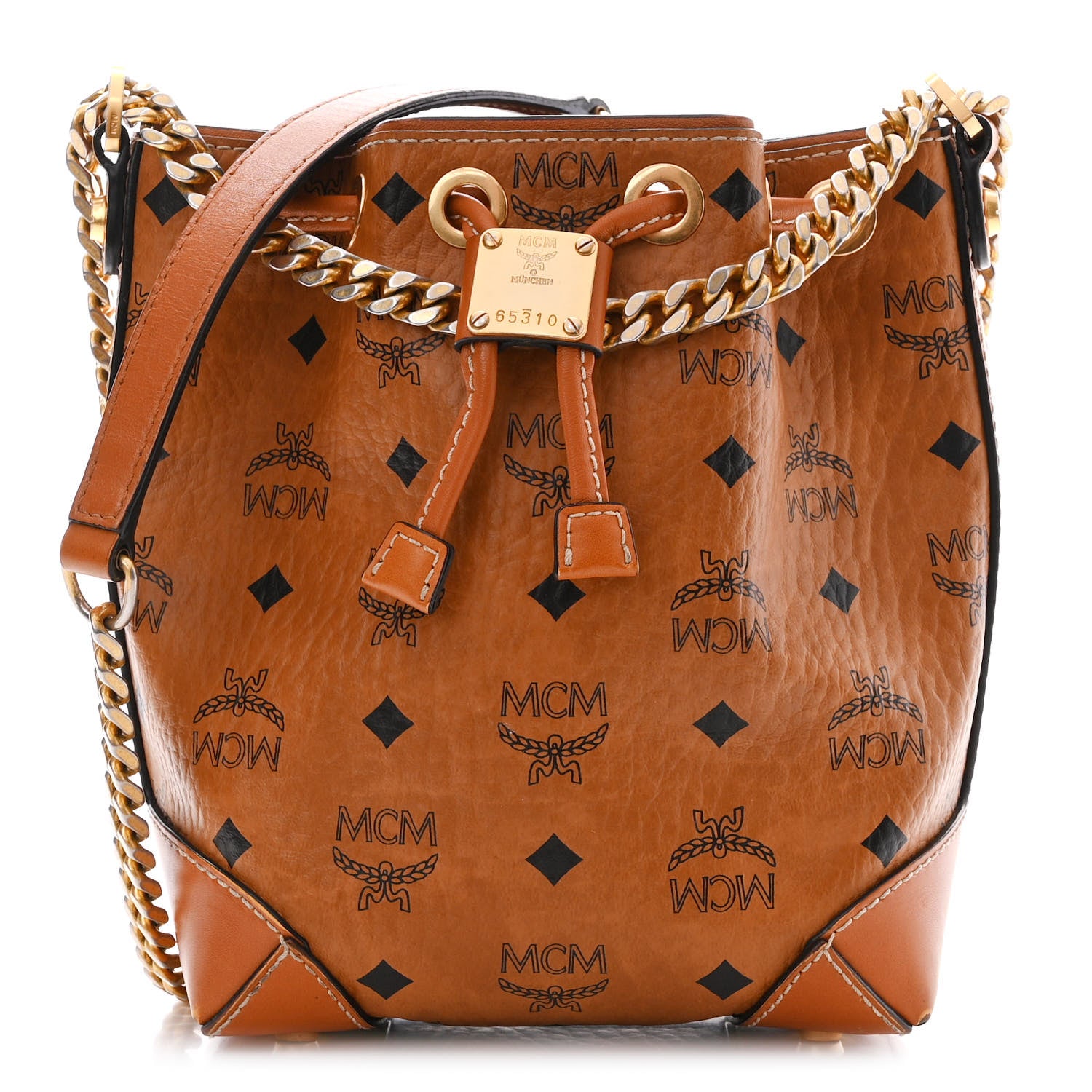 MCM Visetos Berlin Mini Drawstring Bucket Bag Cognac 1 of 11
