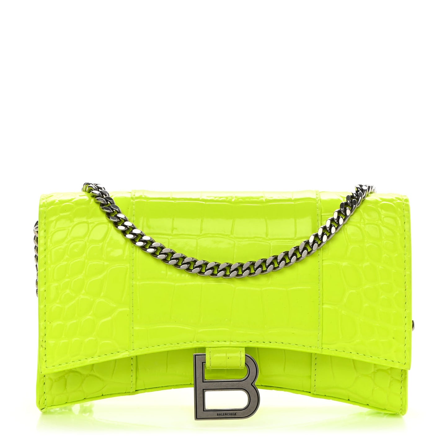 Shiny Calfskin Crocodile Embossed Hourglass Chain Bag Fluo Yellow