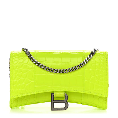 Balenciaga Shiny Calfskin Crocodile Embossed Hourglass Chain Bag Fluo Yellow 1 of 11