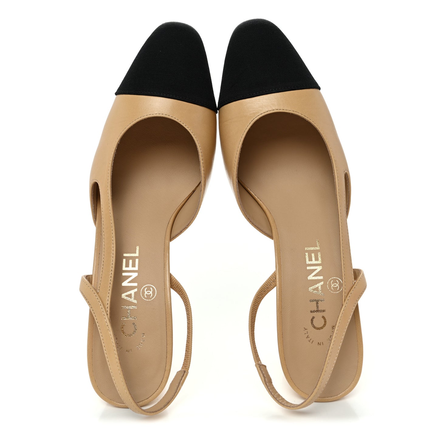 Goatskin Grosgrain Cap Toe CC Slingback Pumps 36 Beige Black