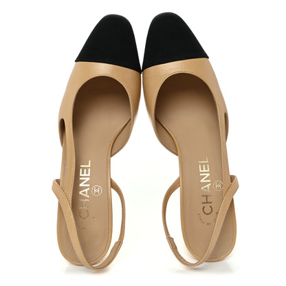 Chanel Goatskin Grosgrain Cap Toe CC Slingback Pumps 36 Beige Black 2 of 10