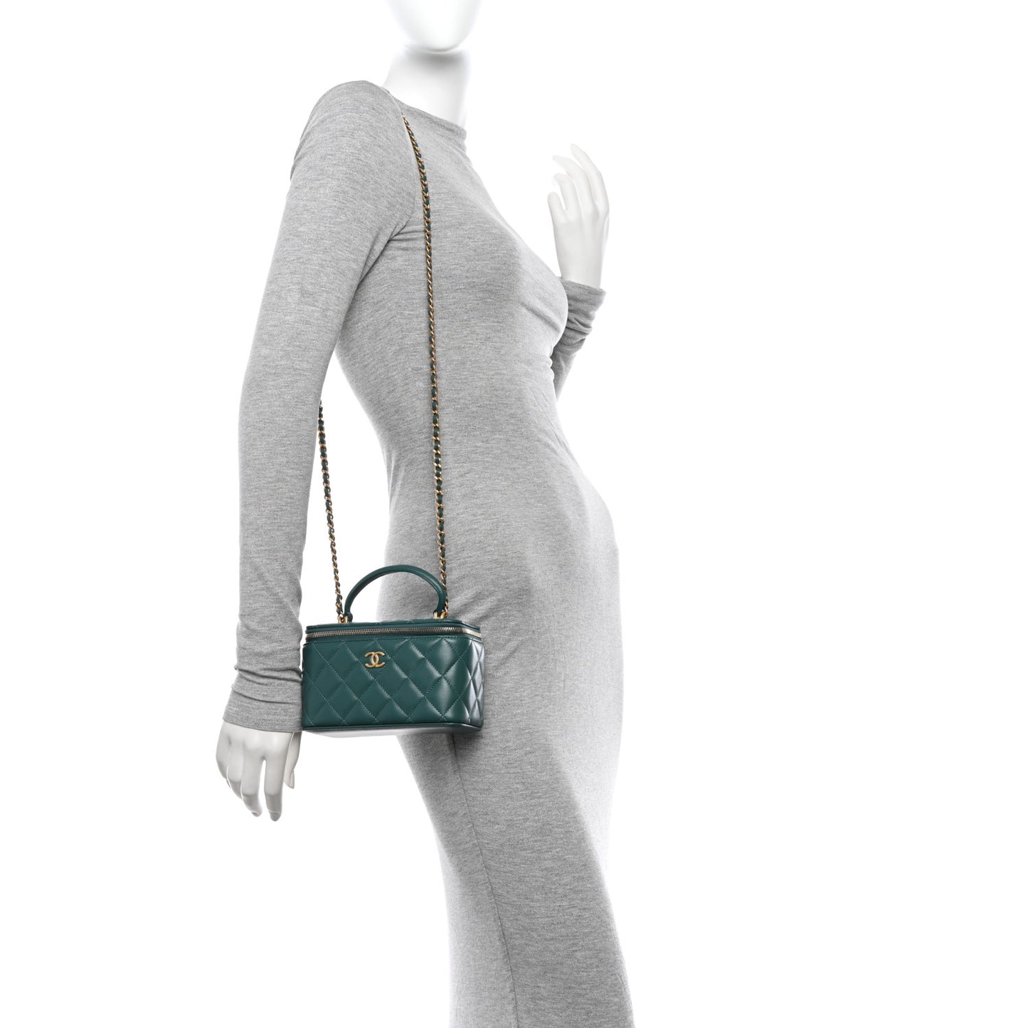 Lambskin Quilted Small Top Handle Vanity Case With Chain Green