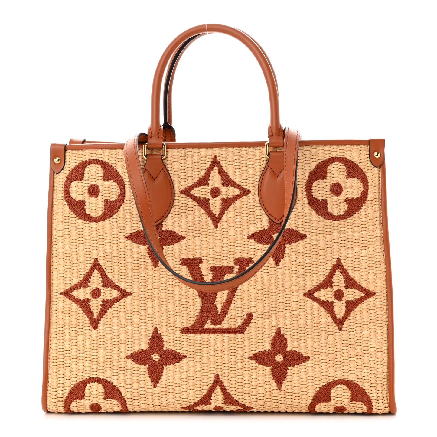 Raffia Calfskin Monogram Giant Onthego MM Tan