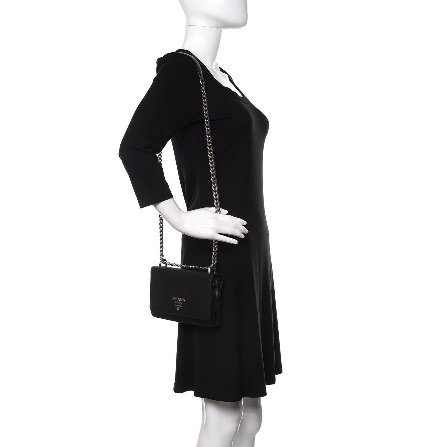 Saffiano Tessuto Nylon Chain Shoulder Bag Black
