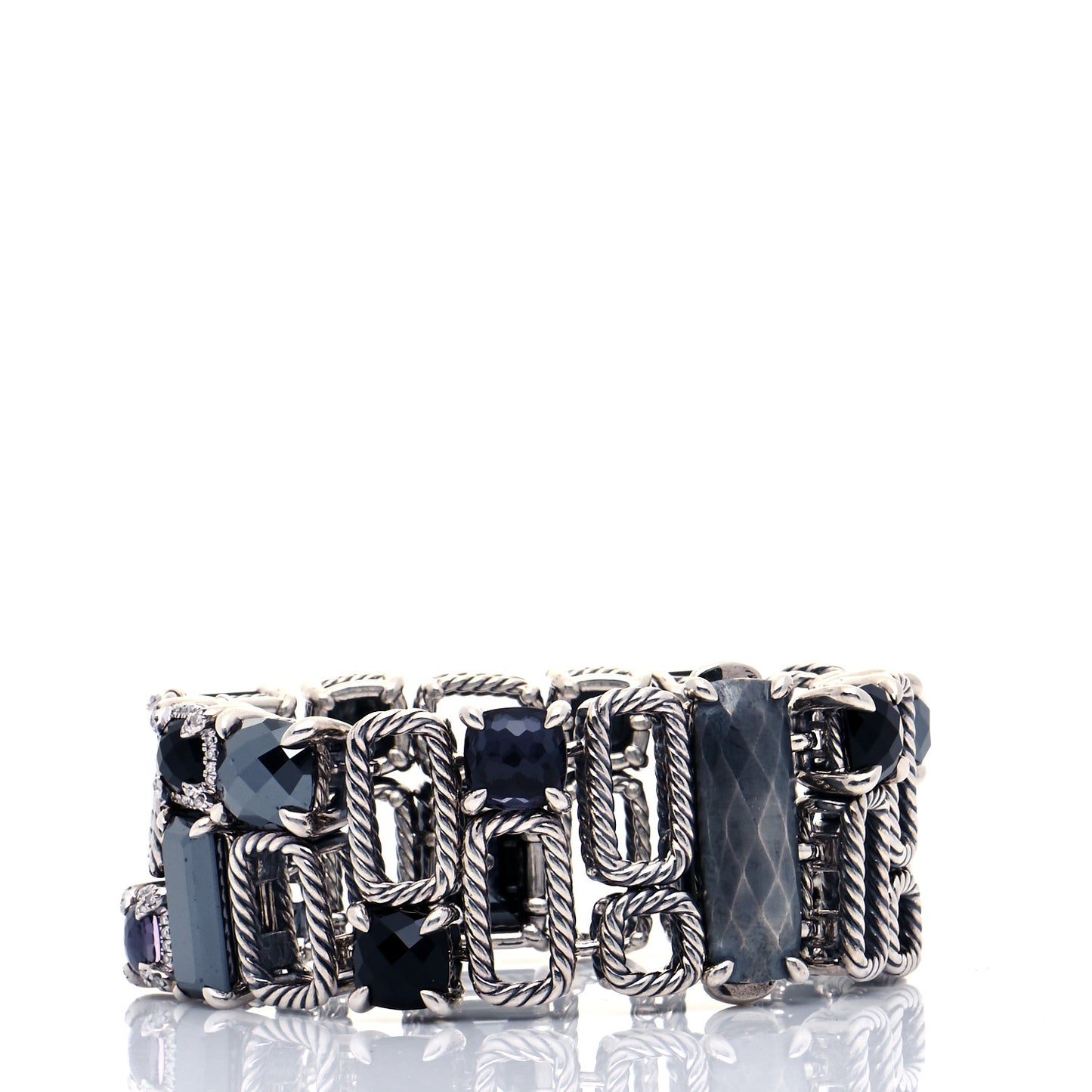 Sterling Silver Diamond Black Orchid Hematite Onyx Mosaic Bracelet