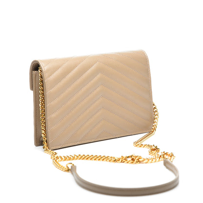 Saint Laurent Grain De Poudre Matelasse Chevron Monogram Envelope Chain Wallet Taupe 2 of 8