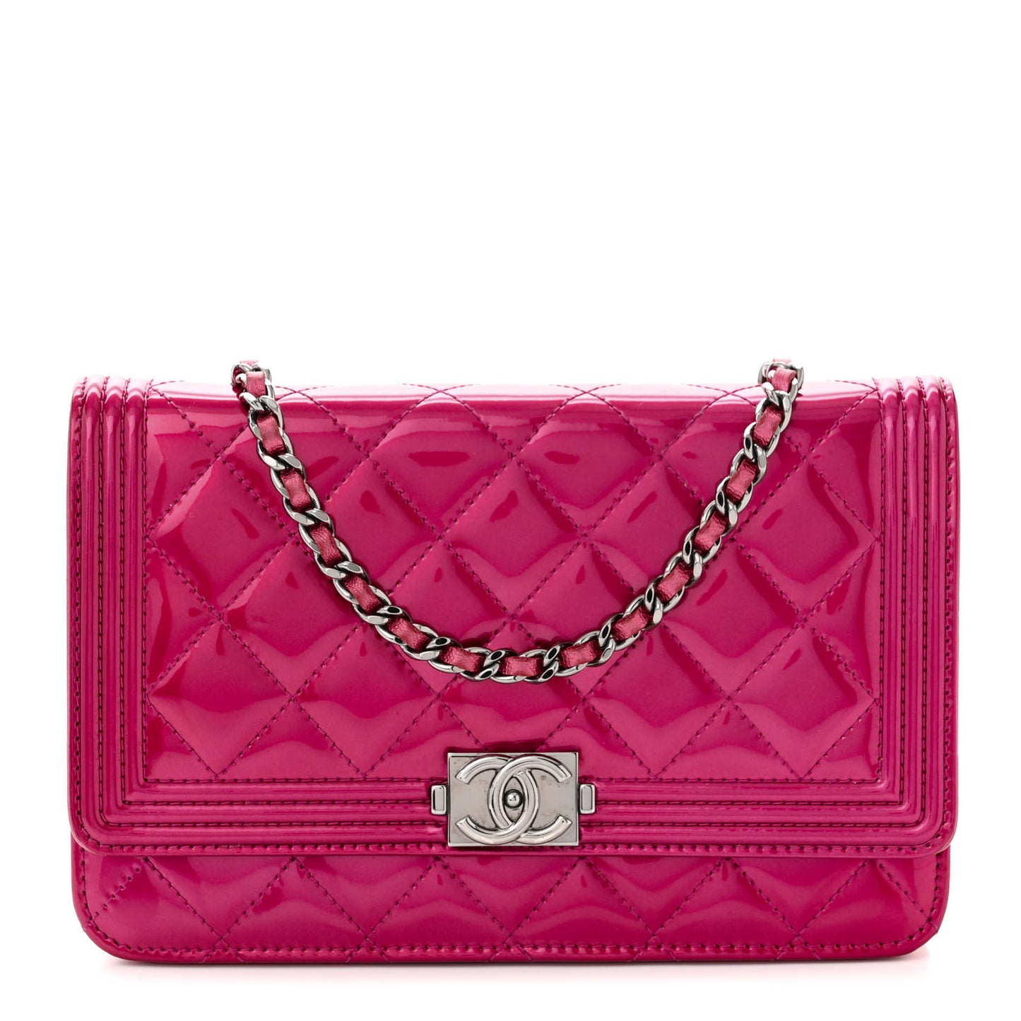 Metallic Patent Calfskin Quilted Boy Wallet On Chain WOC Fuchsia
