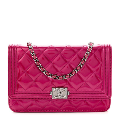 Chanel Metallic Patent Calfskin Quilted Boy Wallet On Chain WOC Fuchsia 1 of 11