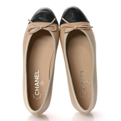 Chanel Lambskin Cap Toe CC Ballerina Flats 38.5 Beige Black 2 of 9