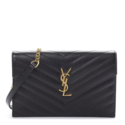 Saint Laurent Grain De Poudre Matelasse Chevron Monogram Envelope Chain Wallet Black 1 of 12