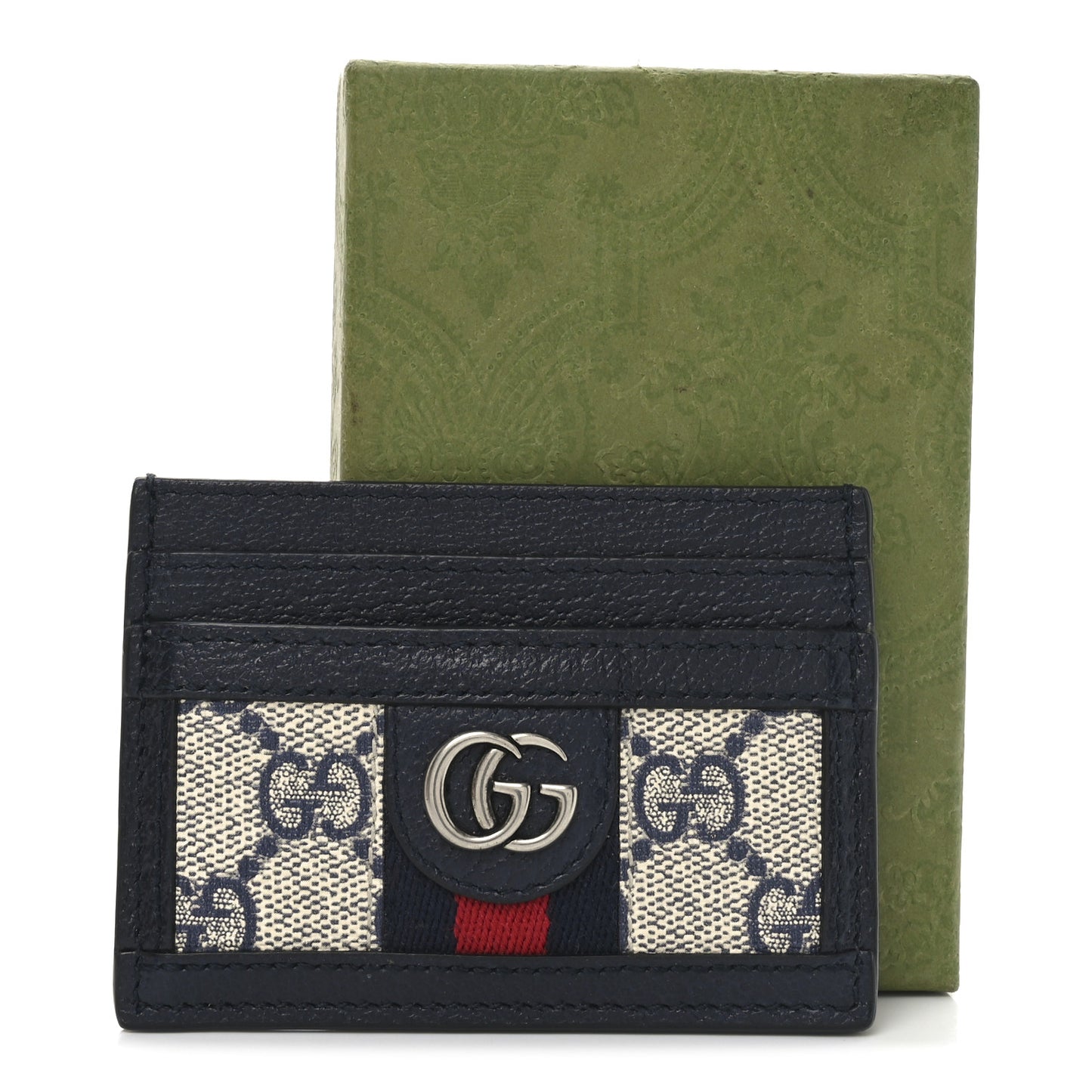 GG Supreme Monogram Textured Dollar Calfskin Web Ophidia Card Holder Beige Blue