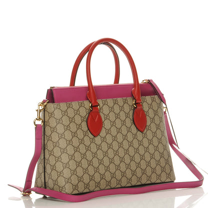 Gucci GG Supreme Monogram Moon Calfskin Small Zip Top Tote Beige Ebony Hibiscus Red New Rosette 3 of 7