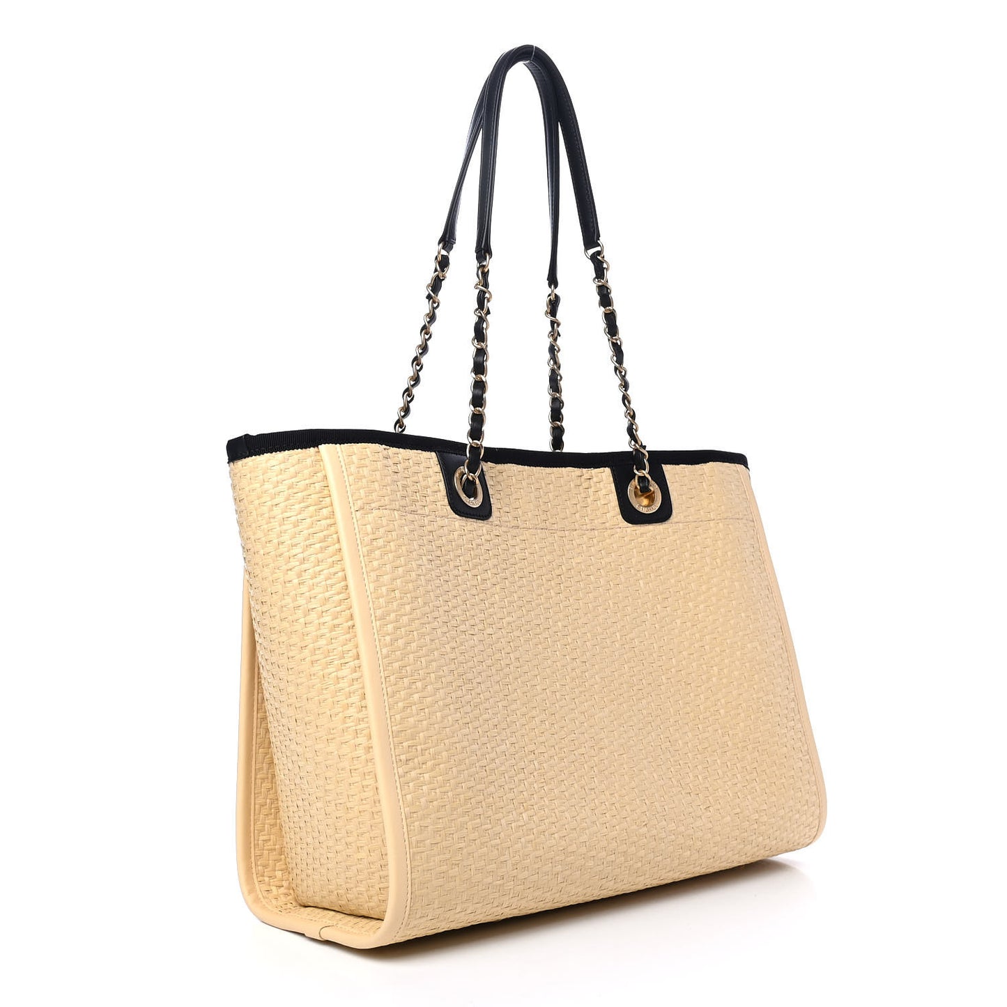 Straw Raffia Calfskin Chain Small Deauville Tote Beige Black