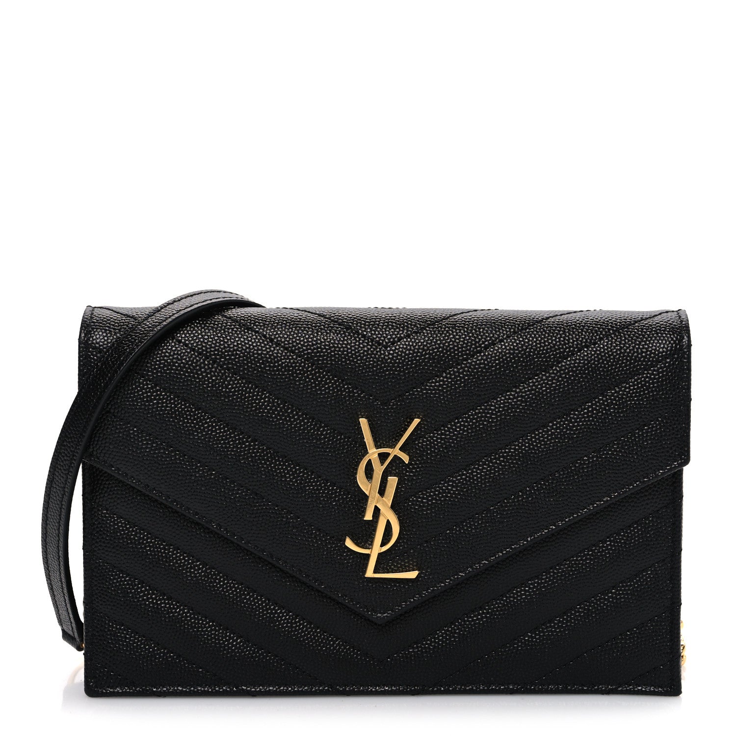 Saint Laurent Grain De Poudre Matelasse Chevron Monogram Envelope Chain Wallet Black 1 of 9