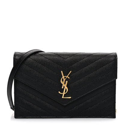 Saint Laurent Grain De Poudre Matelasse Chevron Monogram Envelope Chain Wallet Black 1 of 9