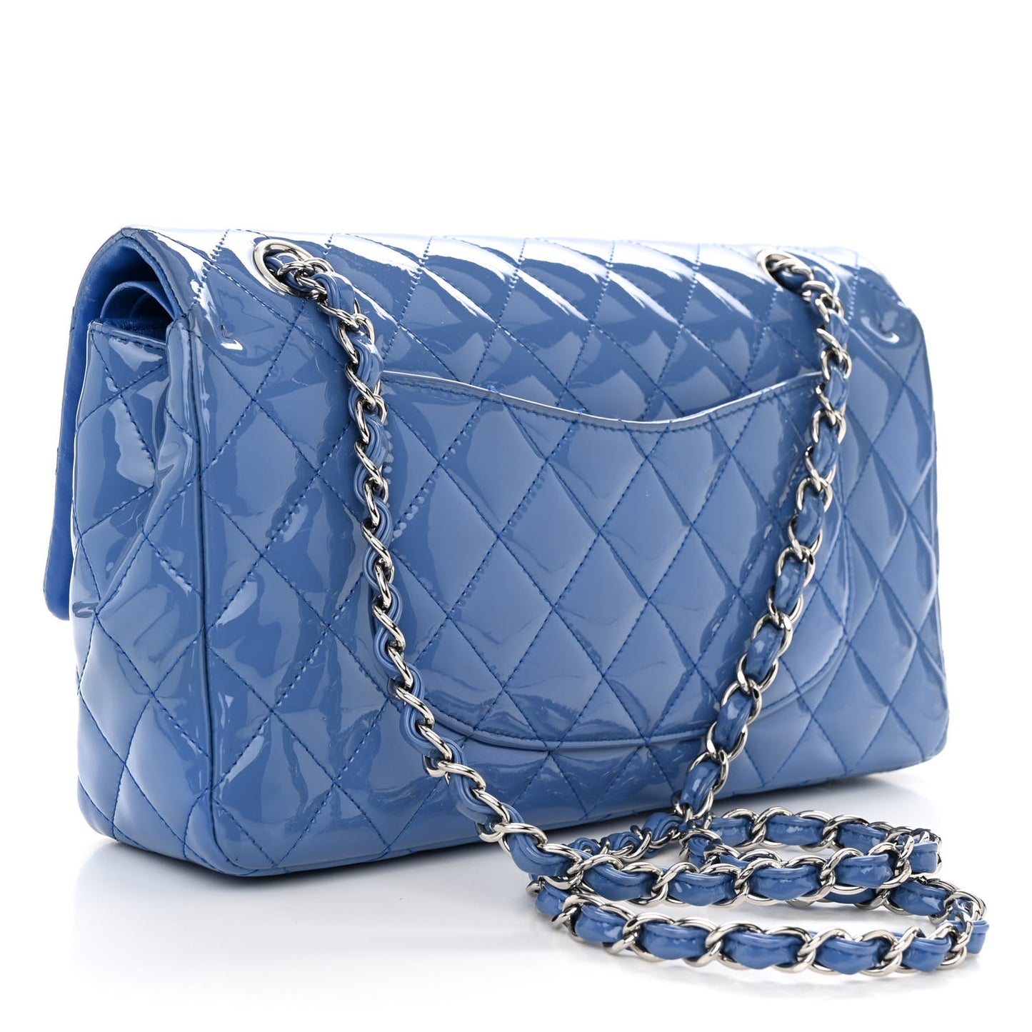 Patent Quilted Medium Double Flap Blue