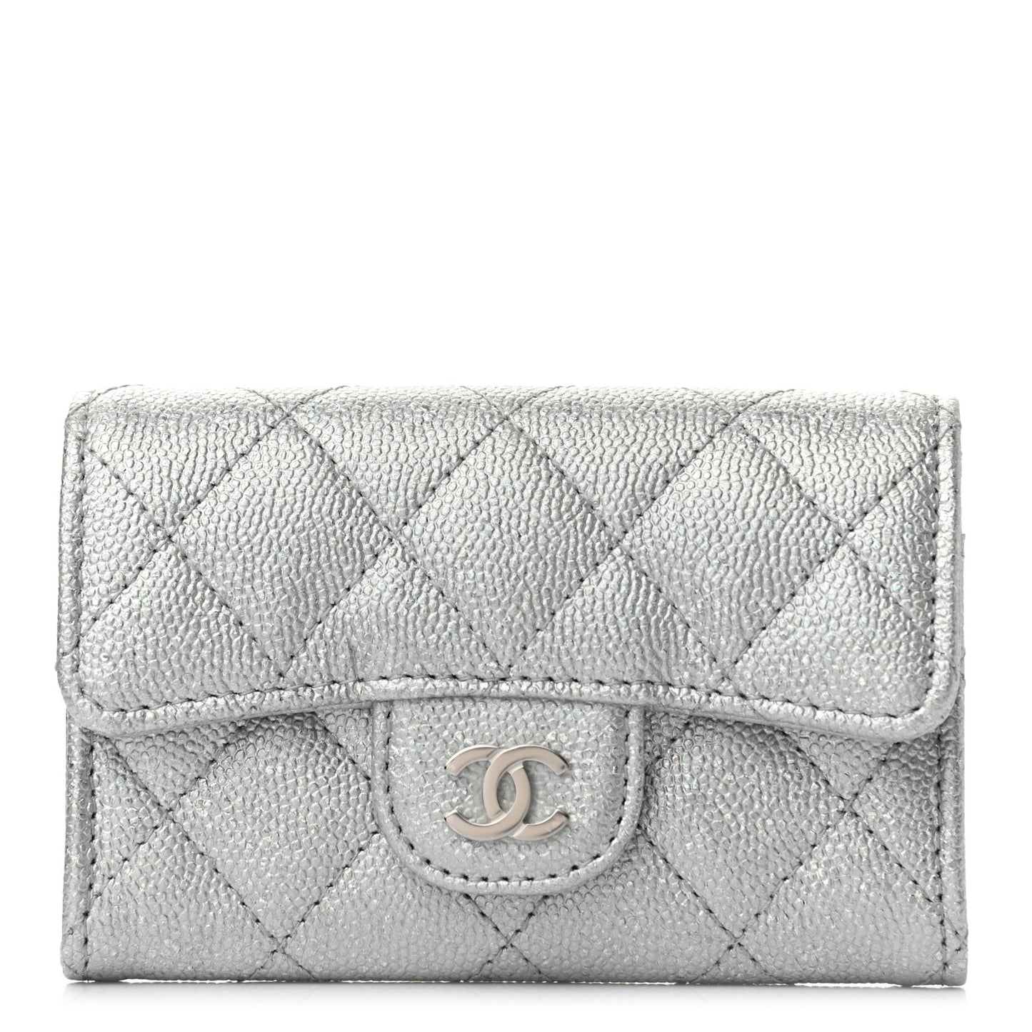 Glittered Metallic Caviar Quilted Flap Card Holder Wallet Silver