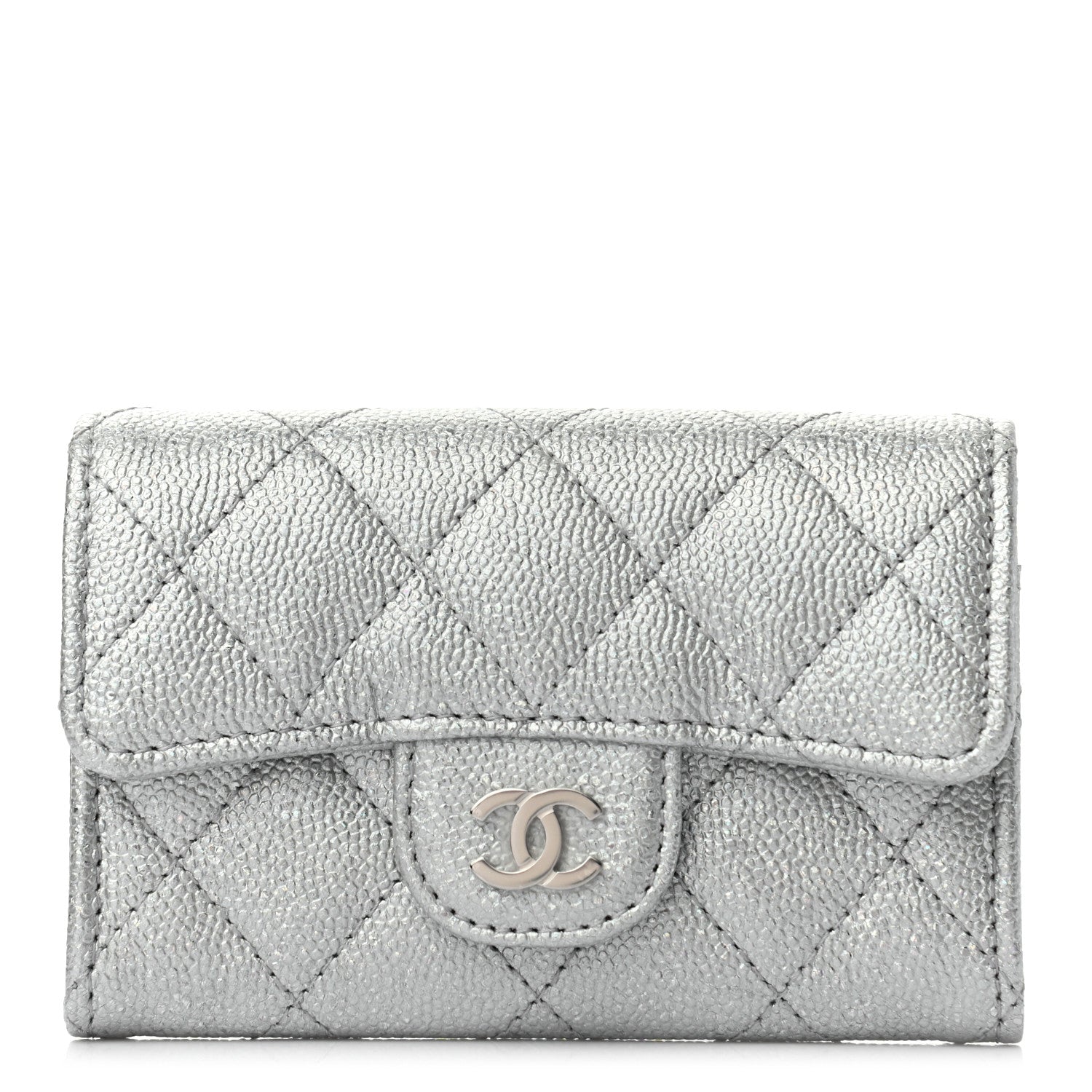 Chanel Glittered Metallic Caviar Quilted Flap Card Holder Wallet Silver 1 of 8