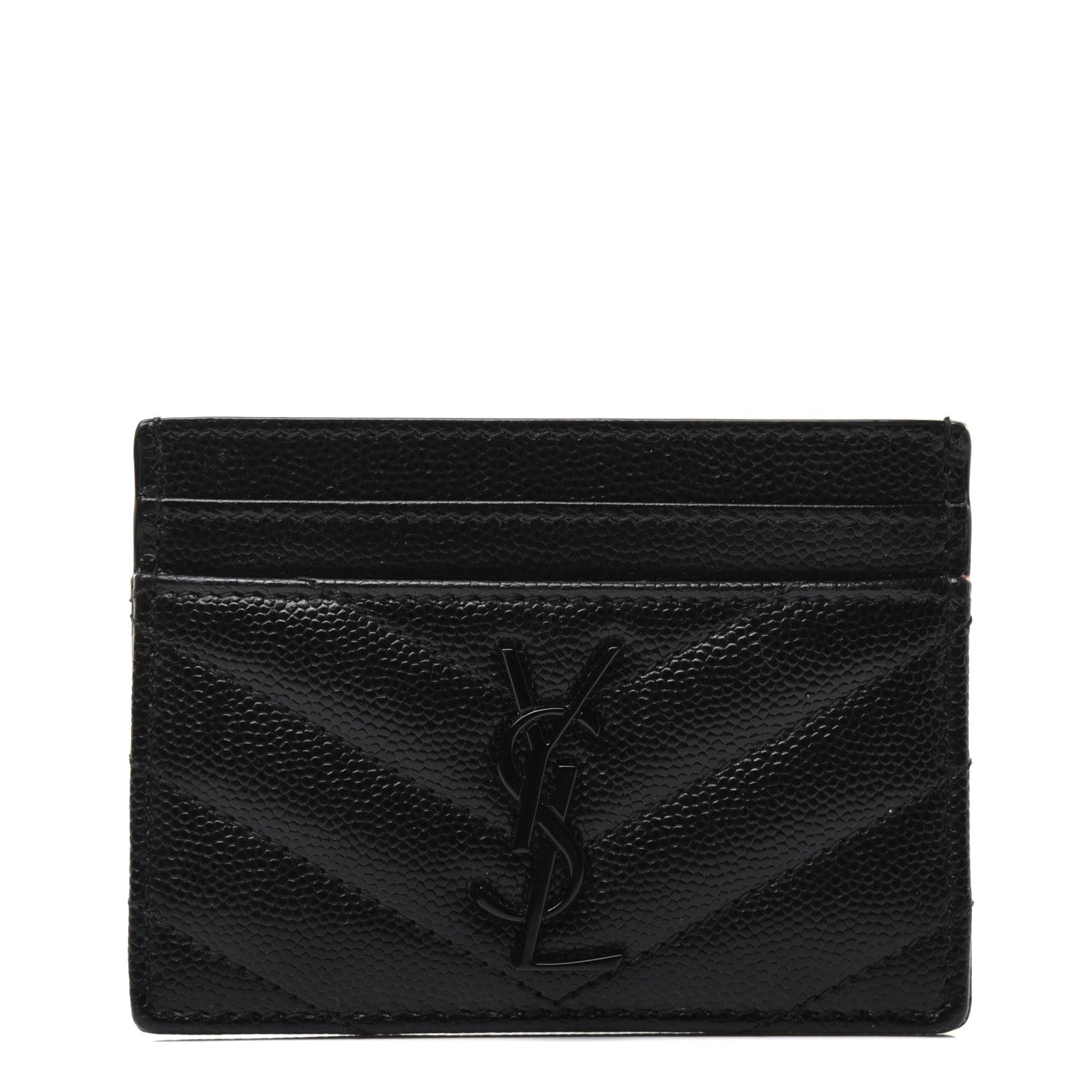 Saint Laurent Grain De Poudre Matelasse Chevron Monogram Credit Card Case Black 1 of 11